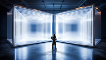 Futuristic design with woman facing bright geometric light structure. Concept of data flow, artificial intelligence, tech solutions, analytical thinking, innovation promo and corporate communication.