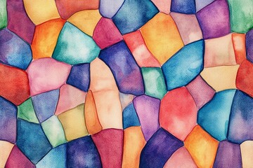 Multicolored watercolor patchwork resembling stained glass with irregular shapes and vibrant hues