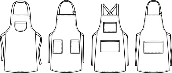 Set of Kitchen aprons with pockets Outline vector illustration isolated On Transparent Background