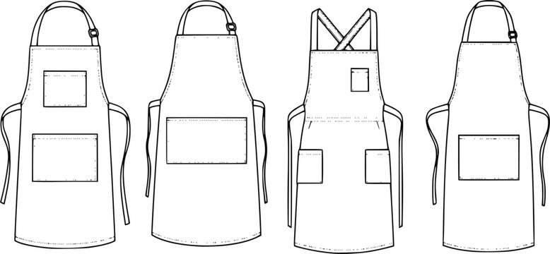 Set of Kitchen aprons with pockets Outline vector illustration isolated On Transparent Background