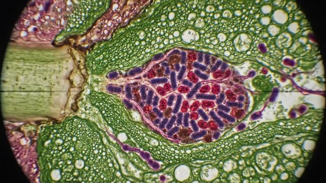 Microscopic View Shows Symbiotic Relationship between Soybean and Rhizobia Bacteria in Root Nodule