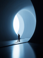 Abstract artwork with person standing inside circular architectural light tunnel. Concept of breakthrough moment, new opportunity, strategic entry point, innovation journey and business growth ads. © Lustre Art Group 