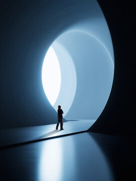 Abstract artwork with person standing inside circular architectural light tunnel. Concept of breakthrough moment, new opportunity, strategic entry point, innovation journey and business growth ads.