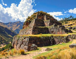 Ancient multi-tiered stone structure on a lush green hillside, with rolling mountains in the distance and a partly cloudy sky
