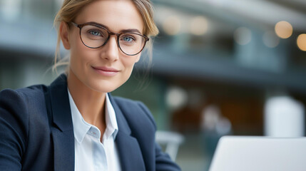 Faceless portrait of beautiful female wearing smart corporate attire and glasses using laptop computer, businesswoman information technology manager robotics engineering specialist, defocused