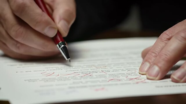 Document Correction Close-Up: Hand Revising Text with Red Pen - Editing Process
