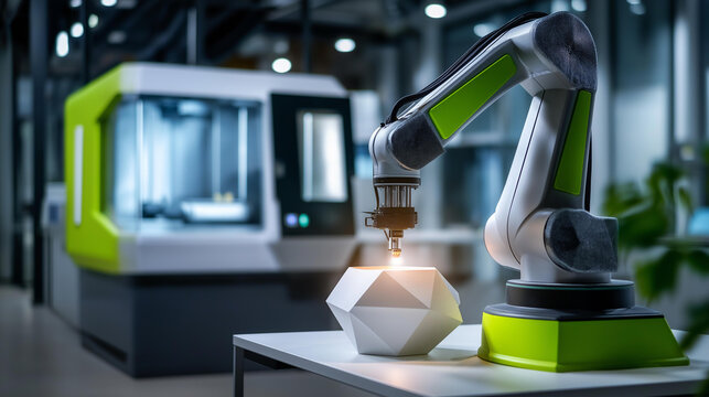 Additive manufacturing laboratory with industrial robotic 3D printers working on complex geometric shapes in modern facility, advanced fabrication technology, automated production, with copy