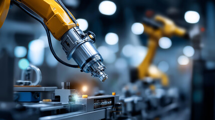 AI-powered smart manufacturing control system, modern factory environment with advanced robotics and production line monitoring tools, industrial style automation, with copy space