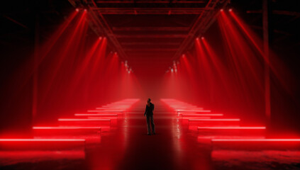 Cinematic artwork with woman standing on red illuminated installation path. Concept of bold vision, leadership presence, high impact presentation, dramatic branding and experiential advertising.