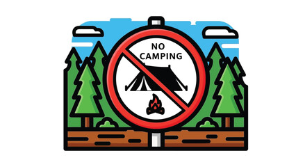 Graphic illustration prominently displaying a universal prohibition symbol over a stylized tent and campfire indicating no camping allowed in forested areas
