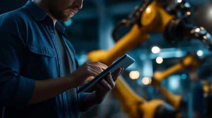 Faceless automation engineers use tablets to program robot arms in smart factory for digital factory production technology showing industrial automation processes, defocused workers, with copy