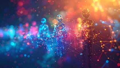 Abstract figures glow with interconnected lines in a vibrant bokeh-filled digital space