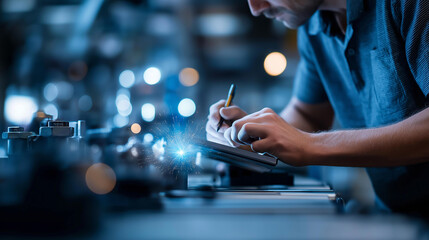 Faceless engineer working with digital interface in blue light, industrial technology interaction, smart factory operations, automated manufacturing control, defocused worker, with copy space