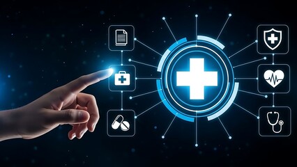 Healthcare technology concept with hand interacting with digital medical icons on a dark background with a blue glow