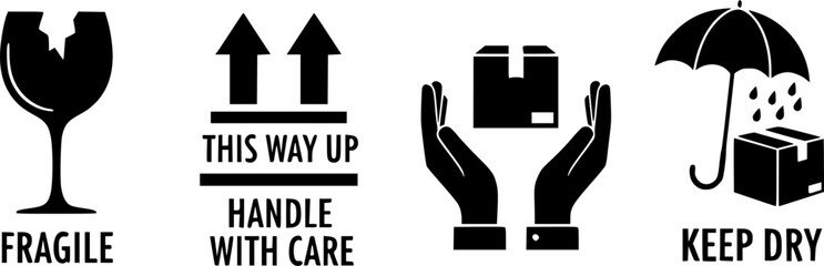 a collection of four black shipping symbols depicting fragile this way up handle with care and keep dry on transparent background silhouette