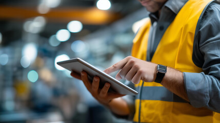 Faceless engineer in safety vest reviews real-time performance data on tablet amidst industrial setting of busy factory, manufacturing oversight, defocused worker monitoring, with copy space