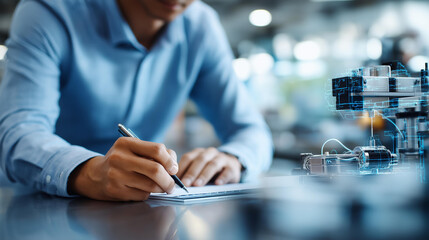 Faceless engineers designing smart industrial solutions, manufacturing technology development, automated systems planning, Industry 4.0 engineering, production innovation work, defocused