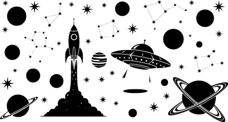 Space elements including planets ufo rocket and stars on transparent background silhouette