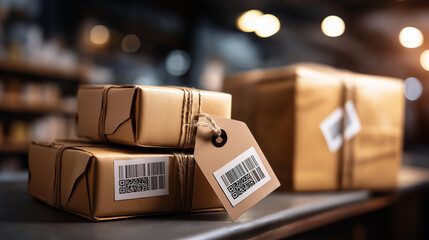 Automatic logistics management, smart packaging into warehouse workflow, cardboard box tags and QR codes for efficient tracking authentication traceability throughout supply chain, with copy