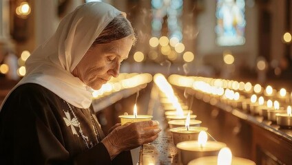 Elderly Woman Praying with Lit Candle in a Reverent Church Setting, Slow Motion 4K