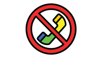 Simple colorful icon graphic depicting a universal prohibition symbol over a classic telephone handset indicating no calls allowed for essential service warnings