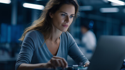 Faceless female computer scientists connects circuit board to her laptop and starts programming it, works in technologically advanced laboratory, defocused person working, with copy space