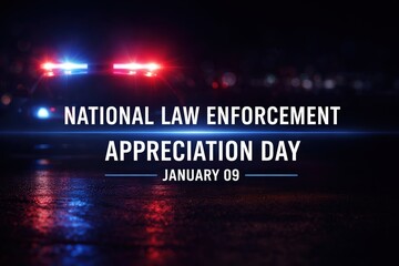 National Law Enforcement Appreciation Day Tribute, Police Badge Close Up with Blue Ribbon, Thank You Message, Honor Service and Protection Background
