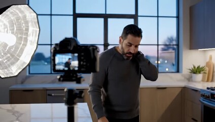 Content creator filming a vlog about food in a modern kitchen studio setup
