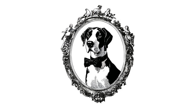 Elegant Black and White Dog Portrait Illustration Wearing Bowtie in Ornate Oval Frame Vintage Style Pet Art