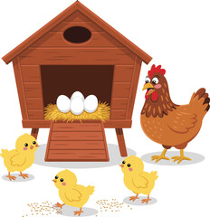 Brown hen with yellow chicks and white eggs in a wooden coop, flat vector illustration of farm animals and poultry. © rakib's world