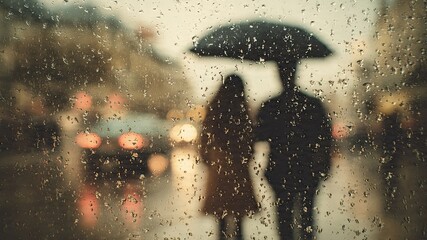 Rainy Day Romance: A blurred couple strolling together under an umbrella on a rainy day, capturing a moment of intimacy and shared shelter.
