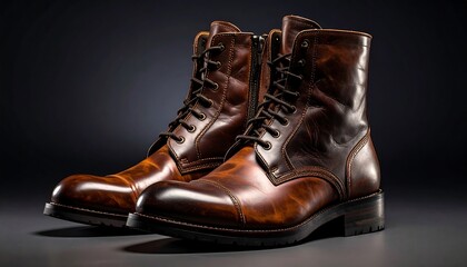 Brown leather boots with laces on a dark, smooth surface, showcasing detailed craftsmanship and polished texture