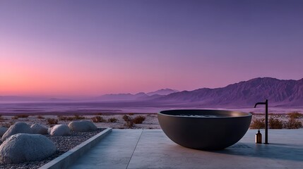 Sleek matte black bathtub placed outdoors in a desert landscape at sunset with pastel pink and purple sky and mountains in the distance.