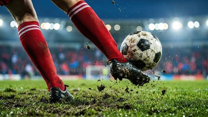 Soccer Action: A close-up shot of a soccer player's leg in mid-kick as the soccer ball soars through the air, capturing the intensity and power of the sport.