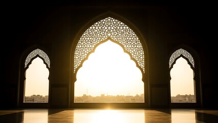 Fototapeta premium Majestic Islamic Archways with Intricate Geometric Patterns Reveal Golden Sunset Cityscape