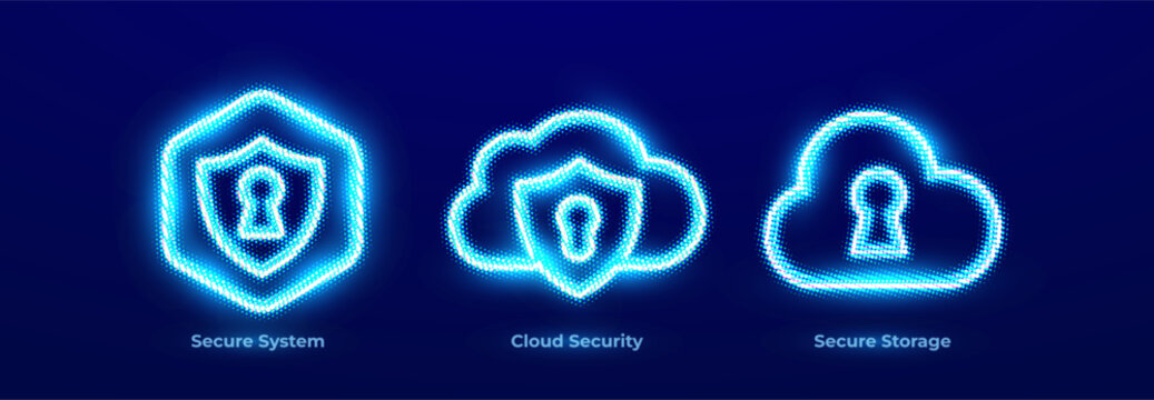 Secure System Network Protection Cyber Defense Icons Set.Cloud Security Data Protection Encryption Neon Logo.Secure Storage Data Security Backup for Digital Business. Vector Illustration