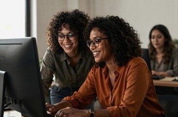 Diverse female colleagues working together smiling at computer
