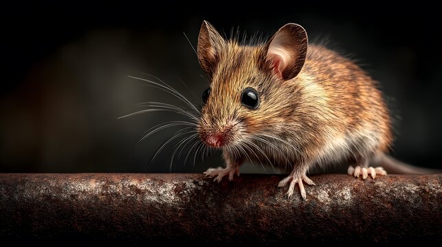 Small field mouse balancing on a rusty industrial pipe in a dimly lit basement setting with dramatic moody lighting and rust textures.