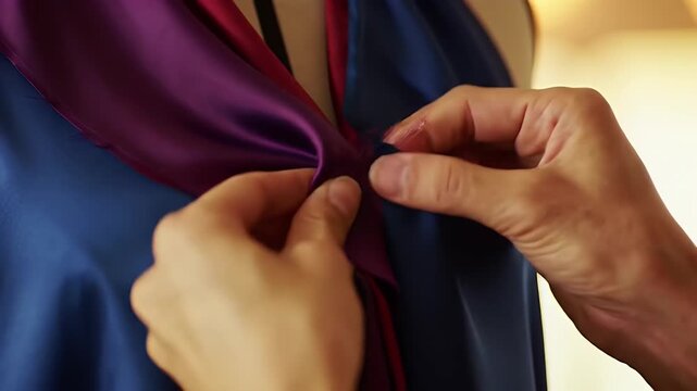 Artisan crafts a vibrant silk dress, carefully pinning for perfect drape and style