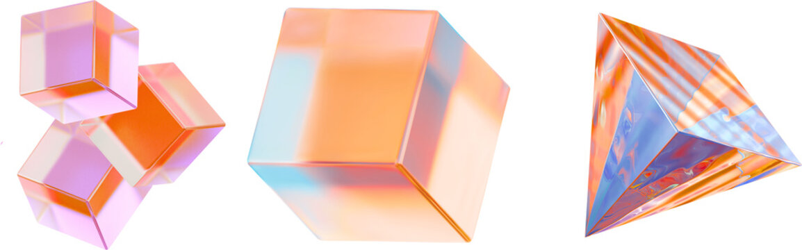 Render Realistic Holographic Geometric Shape  holographic sparkle star set. Stock  set of crystal light holographic glass cube render icons. Abstract geometric transparent block shapes with hologram