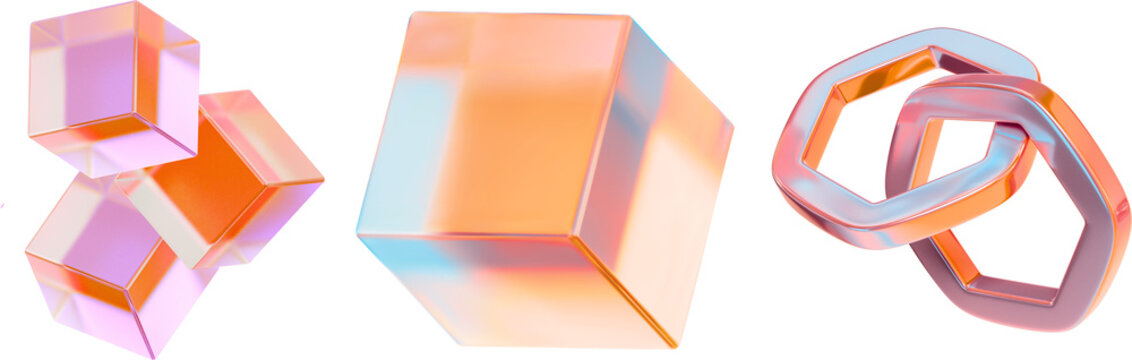 Render Realistic Holographic Geometric Shape  holographic sparkle star set. Stock  set of crystal light holographic glass cube render icons. Abstract geometric transparent block shapes with hologram