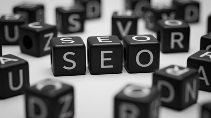 SEO Cubes: Cubes spell out SEO amidst a sea of alphabet blocks, representing the core of online optimization. A visual metaphor for keywords and content strategy.