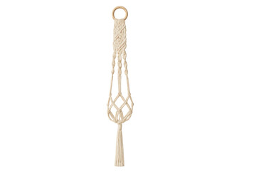 Macrame plant hanger handcrafted with white rope and wooden ring