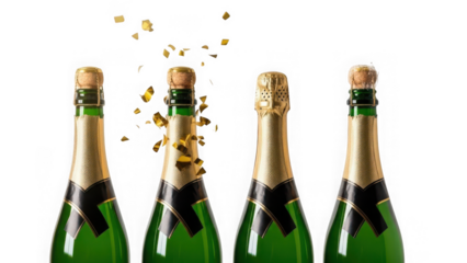 Four green champagne bottles with corks popping isolated on transparent background