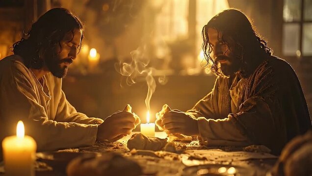 Two Biblical Men Breaking Bread at Candlelit Table, Embodying Spiritual Communion and Sacrifice, Slow Motion, 4K