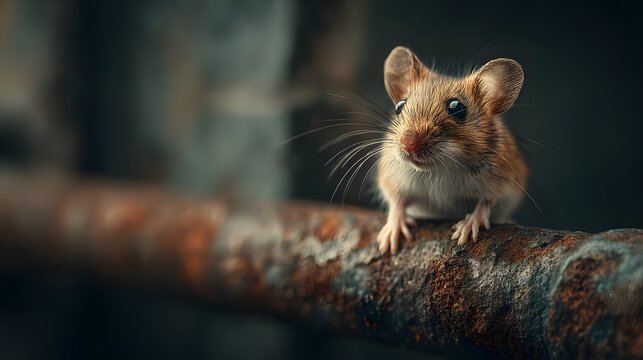 Small field mouse balancing on a rusty industrial pipe in a dimly lit basement setting with dramatic moody lighting and rust textures.