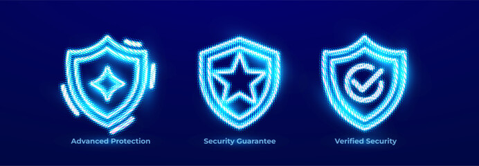 Advanced Protection Premium Security Cyber Defense Neon Icons Set, Security Guarantee Trusted Reliable Protection Neon Logo, Verified Security Trusted Protection Secure Shield. Vector Illustration