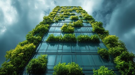 A contemporary skyscraper features a green rooftop and is juxtaposed with a dramatic, cloudy sky.