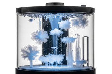 Cylindrical storm glass weather predictor with white crystals on a transparent background