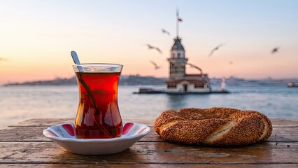 Turkish Delight: A traditional Turkish tea in an elegant tulip-shaped glass, accompanied by a sesame-covered bagel, set against the backdrop of the iconic Maiden's Tower at sunset.